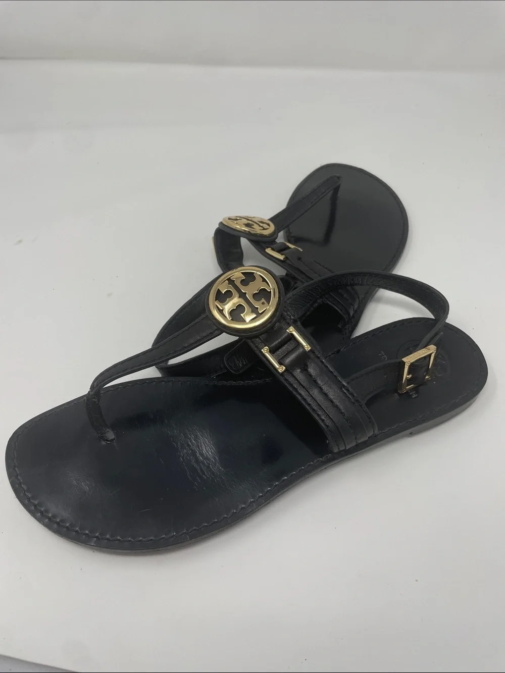 Tory Burch Cassia Black Thong Sandals Gold Logo Size 9.5
